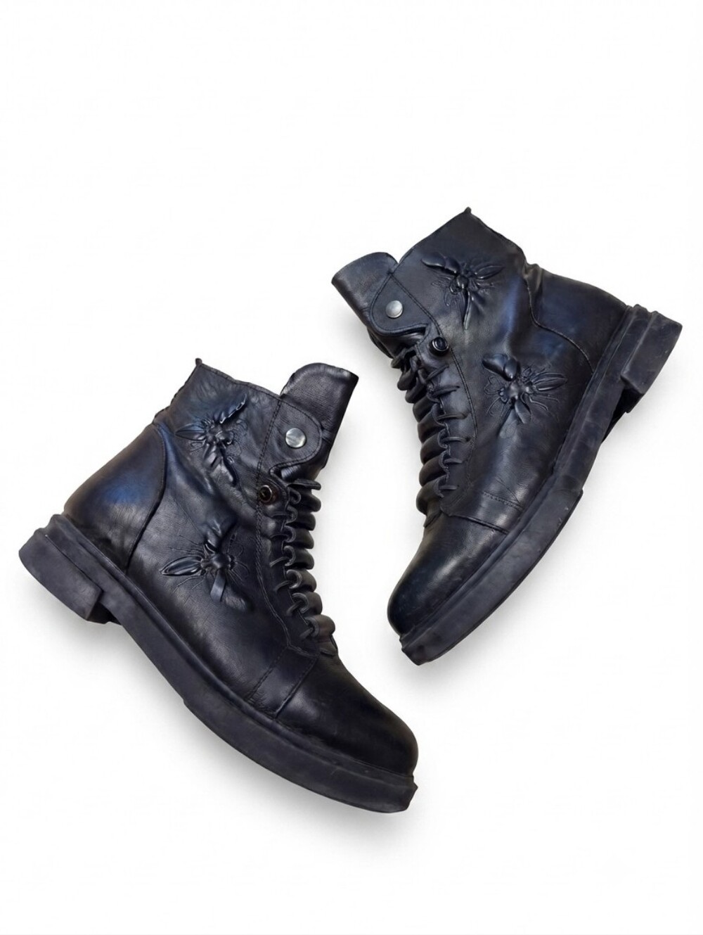 Black Leather Embossed Bee Bug Lace-Up Winter Boots Shearling Fur Lined Size US